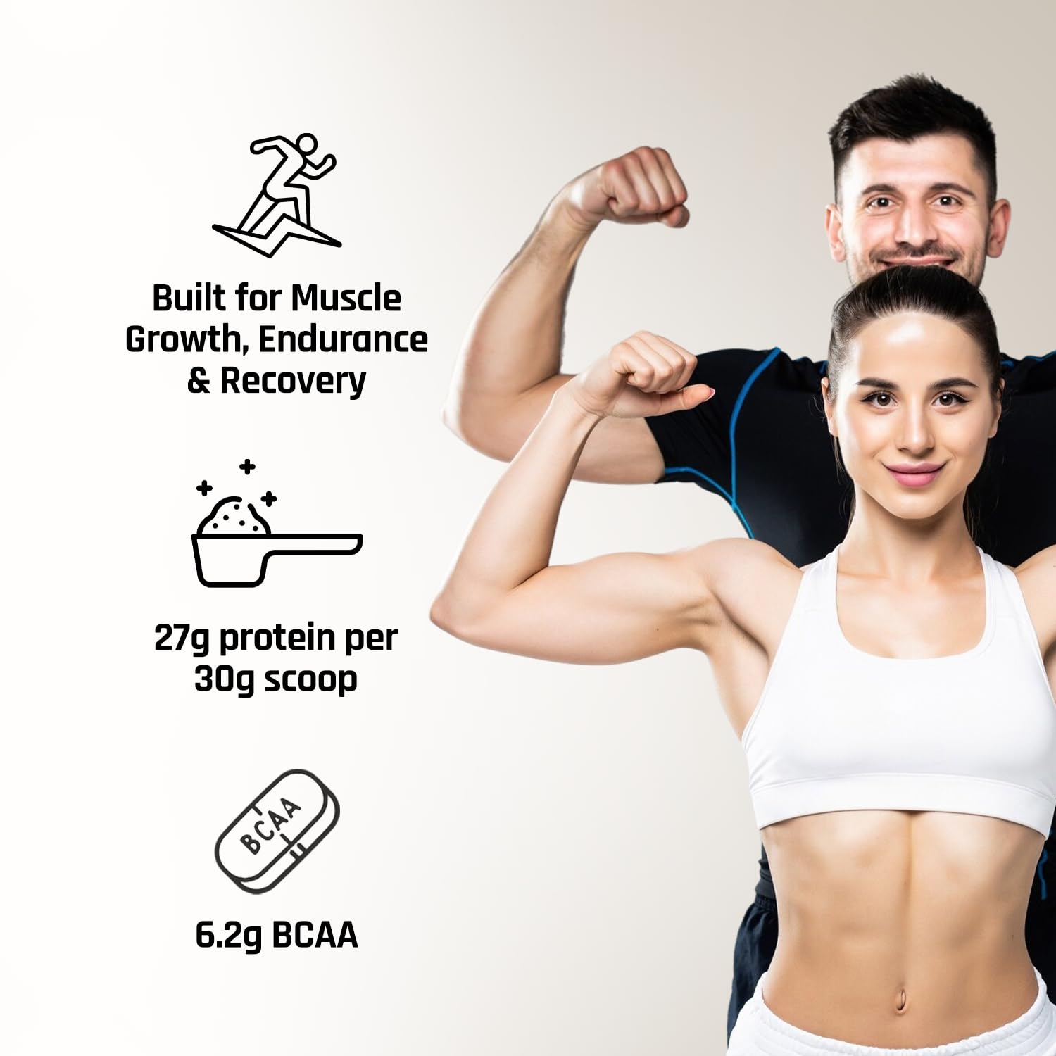 Two people flexing muscles with fitness product information on a white background