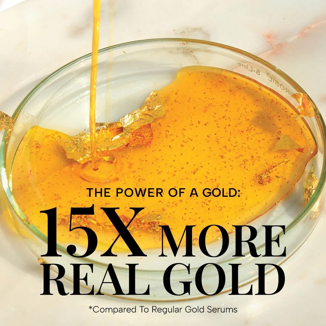 Glass bowl with gold liquid and text claiming '15X more real gold' compared to regular gold serums.