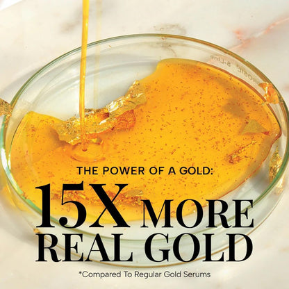 Glass bowl with gold liquid and text claiming '15X more real gold' compared to regular gold serums.