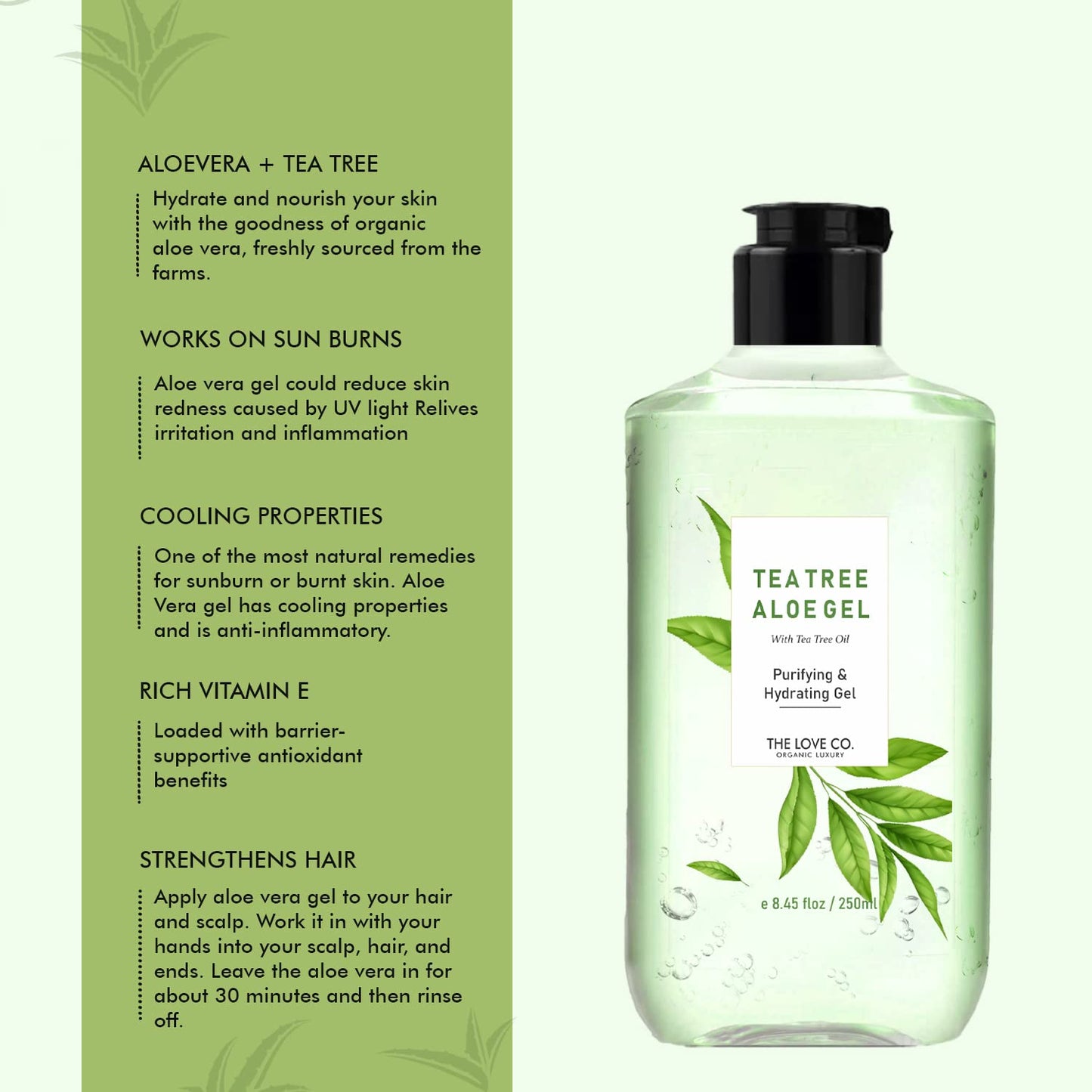 Tea tree aloe gel bottle with green leaf design on a white background