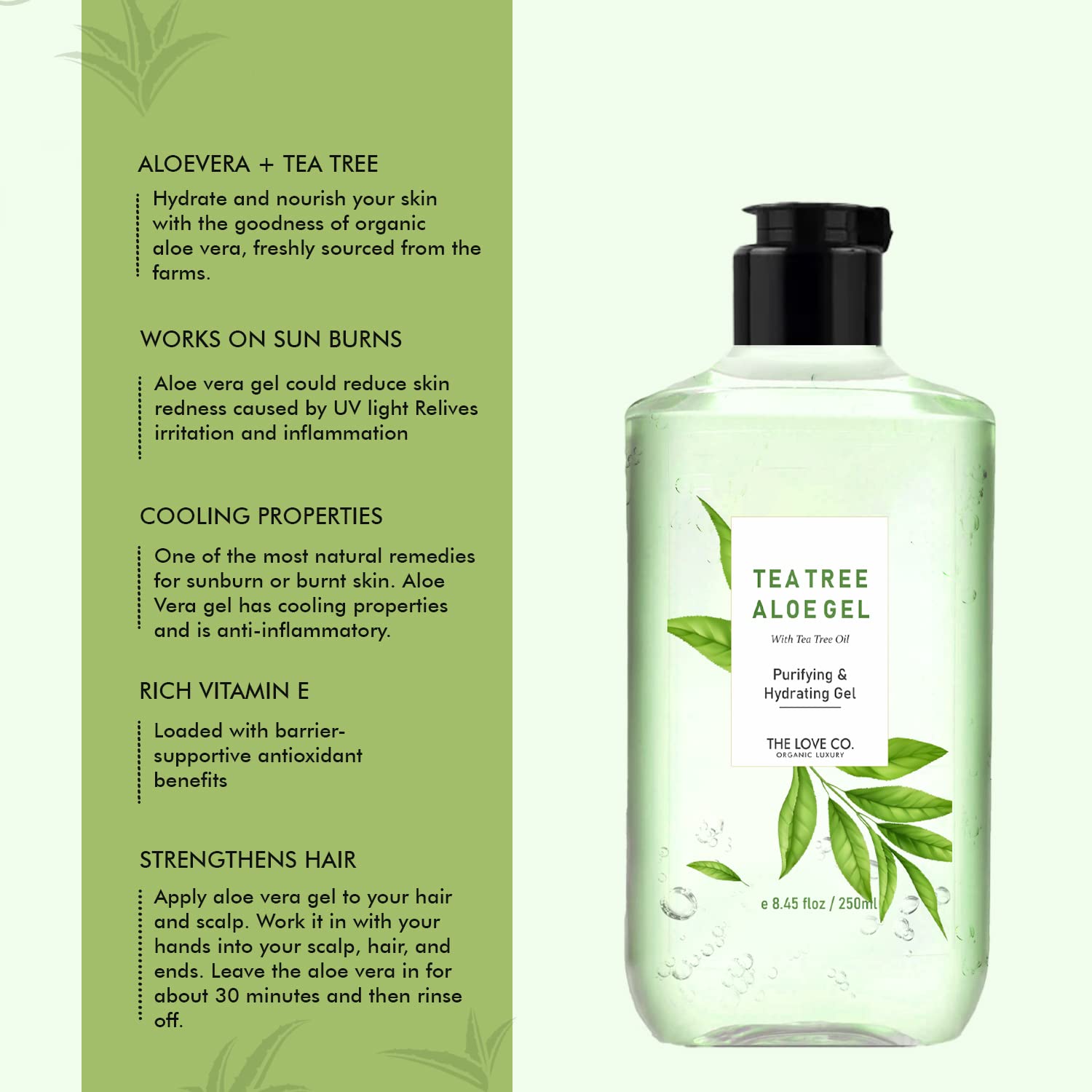 Tea tree aloe gel bottle with green leaf design on a white background