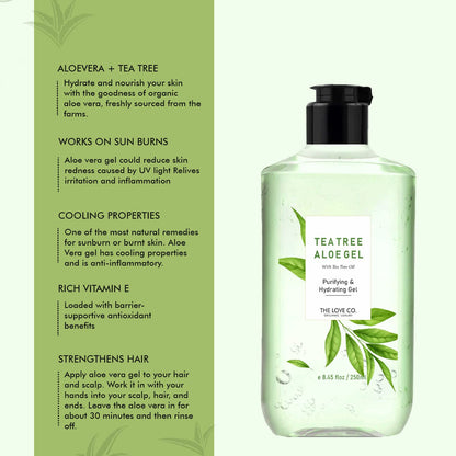 Tea tree aloe gel bottle with green leaf design on a white background