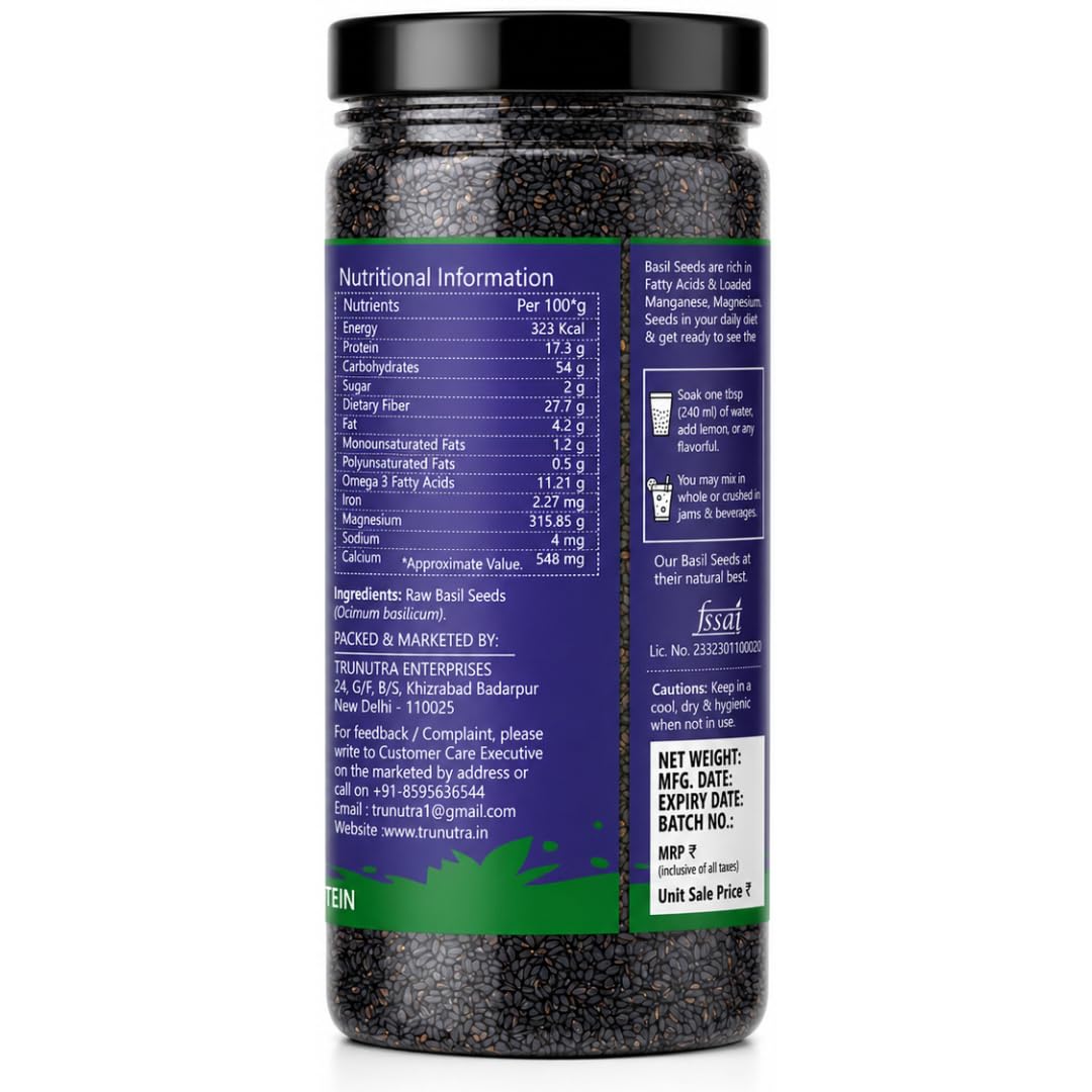 TruNutra Basil Seeds (Sabja Seeds) 200g, Natural Superfood for Falooda & Detox Drinks, Rich in Dietary Fiber, Omega-3 & Antioxidants, Vegan, Gluten-Free & Keto