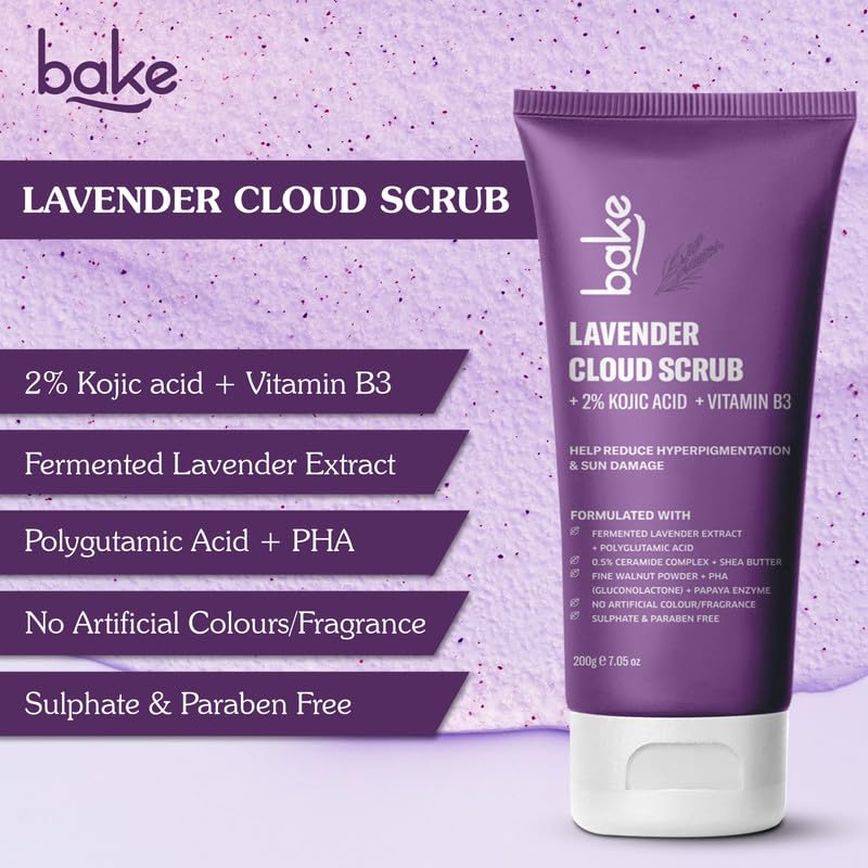 BAKE 2% Kojic Acid Lavender Body Scrub (200g) For Brightening, Tan Removal, Dark Spots & Pigmentation | Niacinamide & Ceramide Complex | Exfoliates & Brightens Underarms | Face Scrub with Walnut Granules | For Women & Men