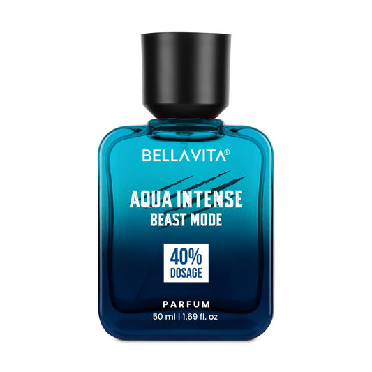 Blue perfume bottle labeled 'Bellavita Aqua Intense Beast Mode' on a white background