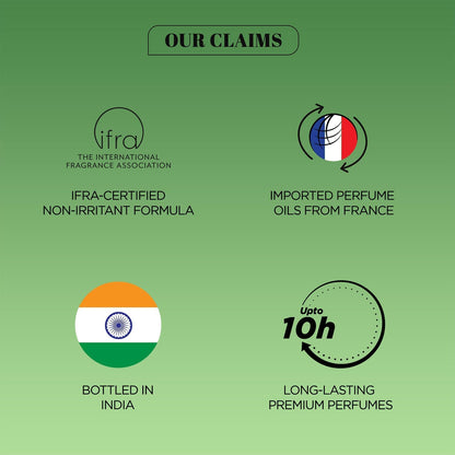 Promotional graphic with IFRA certification, imported perfume oils from France, bottled in India, and long-lasting premium perfumes on a green background.