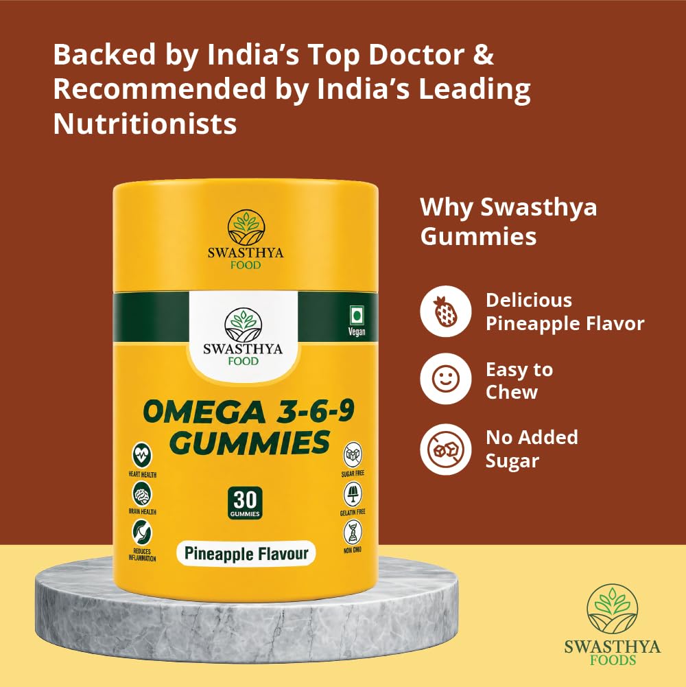 SWASTHYA AATA Omega 3-6-9 Gummies Sugar Free Vegan & Gelatin Free Chewable Flaxseed Oil Supplement For Adults Plant Based Vitality Heart & Brain Daily Nutrition Support Pineapple Flavour