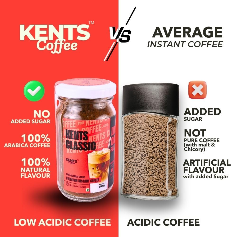 Kents Coffee Classic Instant Coffee (50g) | 100% Arabica from Chikmagalur | Low Acid Coffee | Medium Roast, Rich & Smooth Taste | No Added Sugar & No Preservatives | Espresso, Latte & Cappucino| Hot & Cold Coffee | 50g Unbreakable Jar