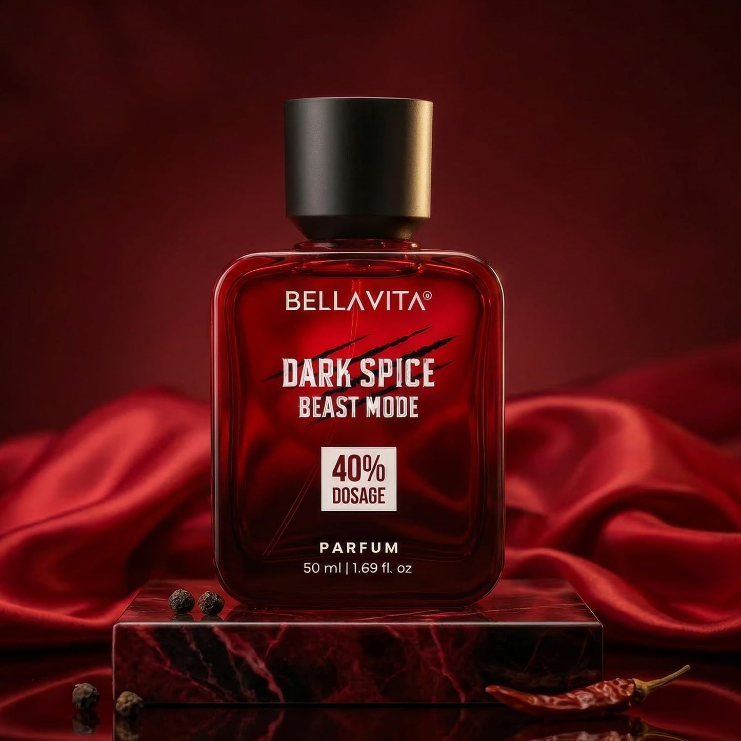 Bottle of Bellavita Dark Spice Beast Mode parfum on a red fabric background