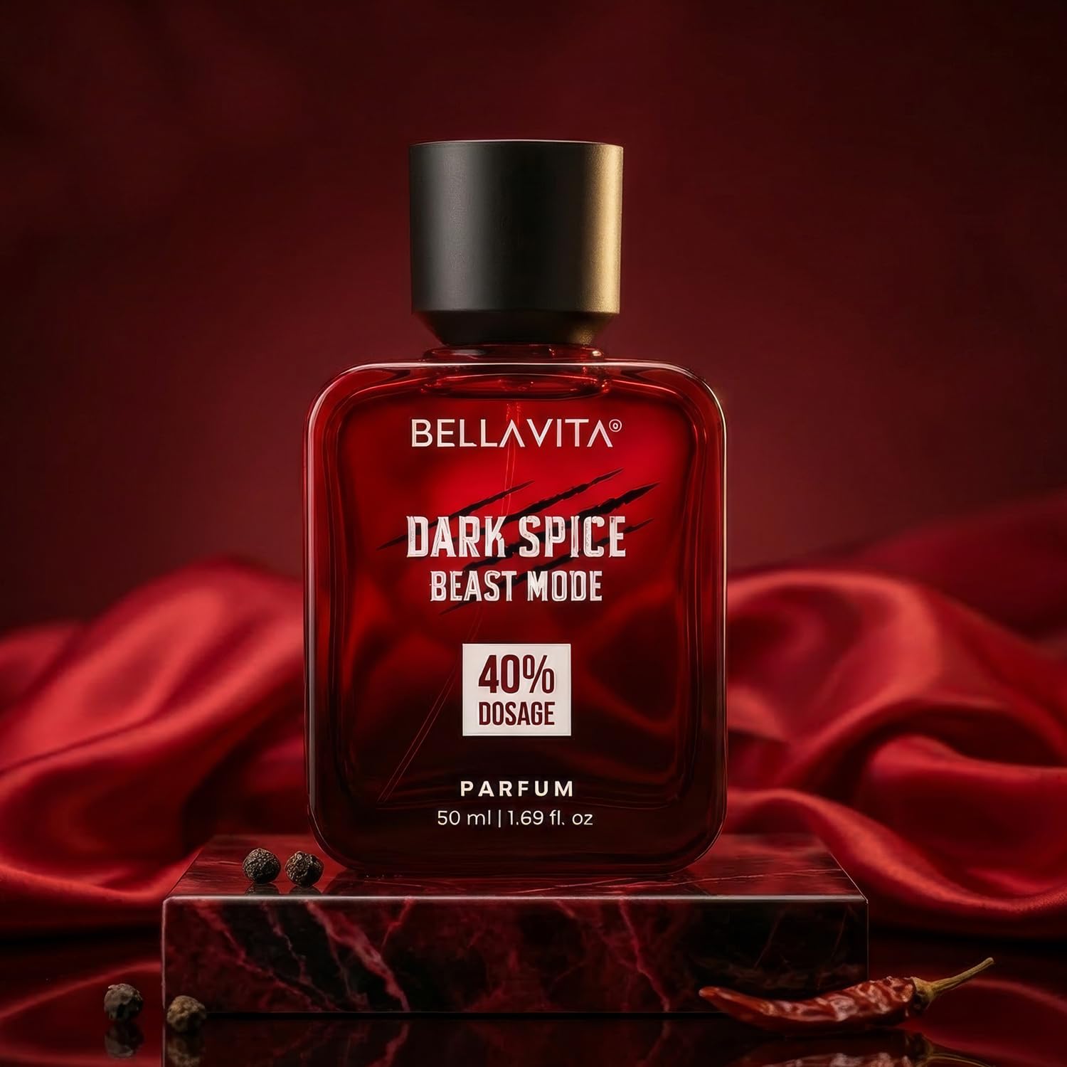 Bottle of Bellavita Dark Spice Beast Mode parfum on a red fabric background