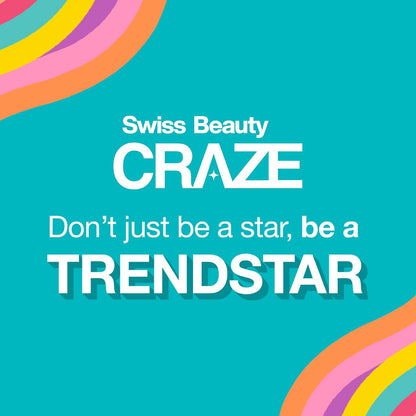 Swiss Beauty Craze advertisement with colorful design elements on a blue background