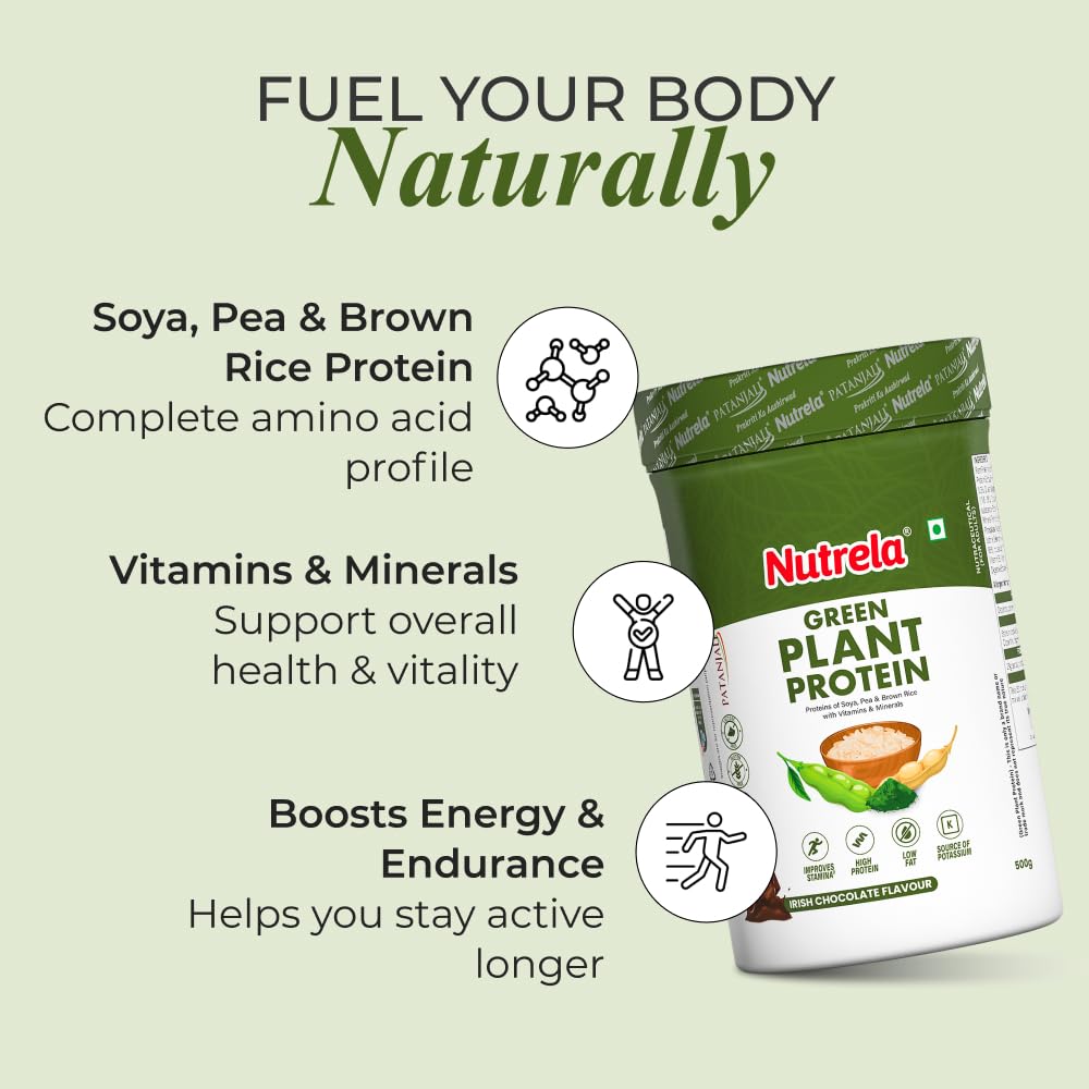 Nutrela Green Plant protein Powder - 500g (Chocolate) | Brown Rice & Pea with Multivitamins & Minerals
