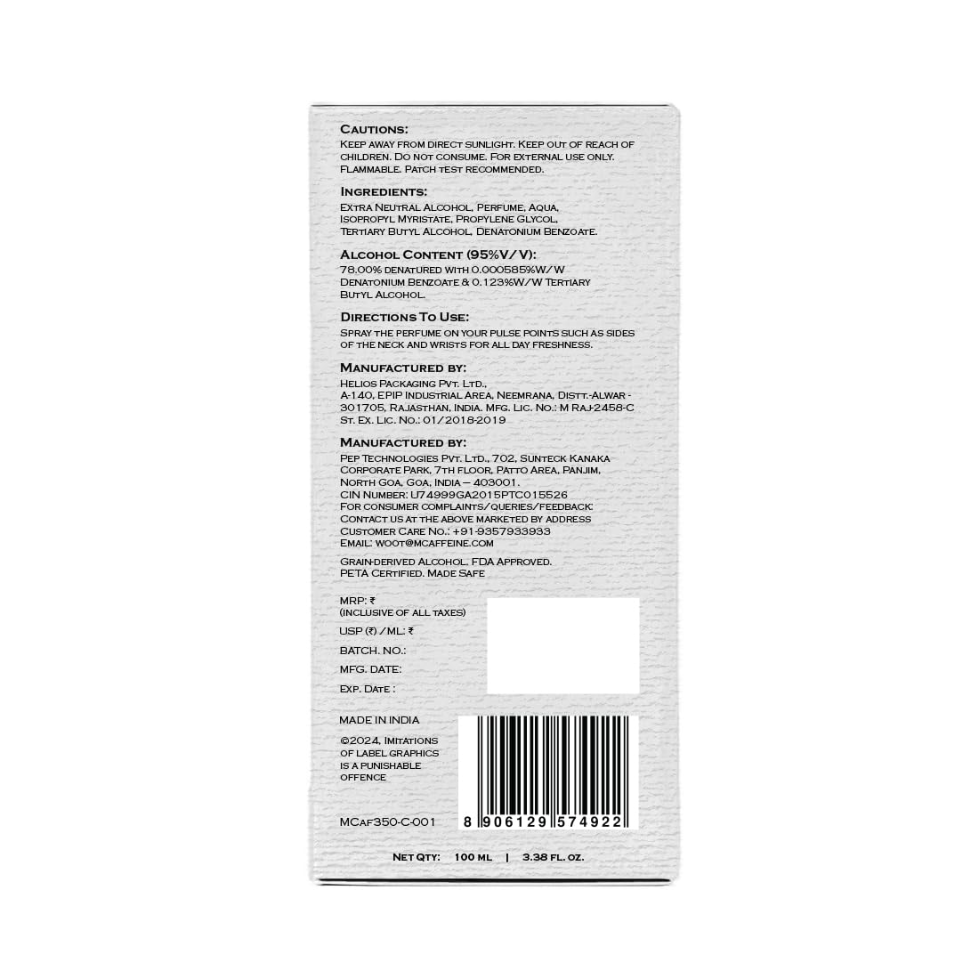 Back label of a perfume bottle with text and a barcode on a white background