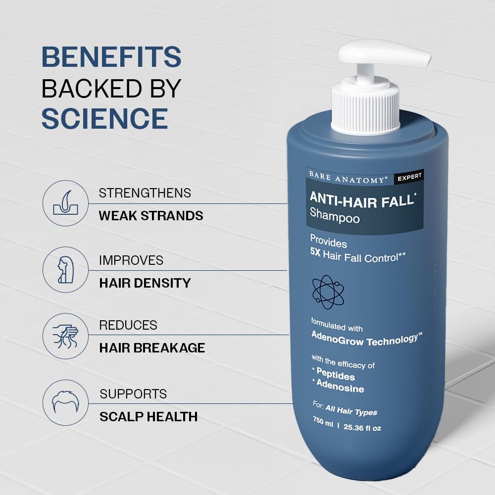 Bare Anatomy Anti-Hair Fall Shampoo | Provides 5x Hair Fall Control | Adenosine, Procapil & Peptides | Strengthens Roots, Reduces Breakage & Cleans Gently | Sulphate & Paraben Free | Unisex | 750ml