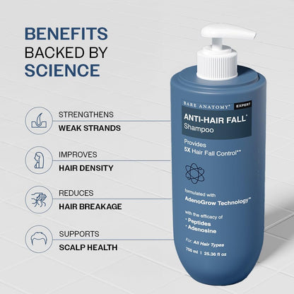 Bare Anatomy Anti-Hair Fall Shampoo | Provides 5x Hair Fall Control | Adenosine, Procapil & Peptides | Strengthens Roots, Reduces Breakage & Cleans Gently | Sulphate & Paraben Free | Unisex | 750ml