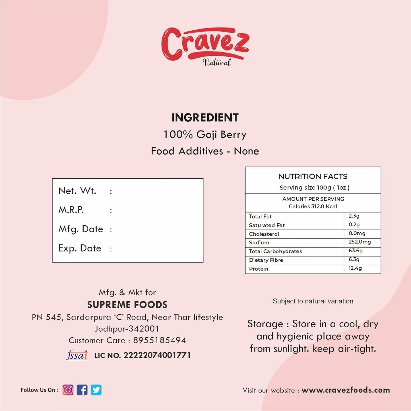 Cravez Premium Dried Goji Berries - 250G | Sugar Free Goji Berry Dry Fruit | High in Vitamin A | Rich in Antioxidants | Boosts Immunity | Aids in Weight Management | Toppings for Fruit Salads & More