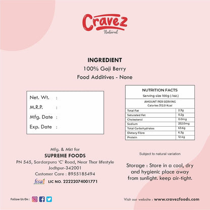 Cravez Premium Dried Goji Berries - 250G | Sugar Free Goji Berry Dry Fruit | High in Vitamin A | Rich in Antioxidants | Boosts Immunity | Aids in Weight Management | Toppings for Fruit Salads & More