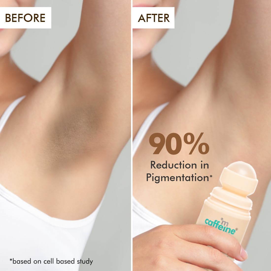 Before and after comparison of pigmentation reduction with a product labeled 'm caffeine'.