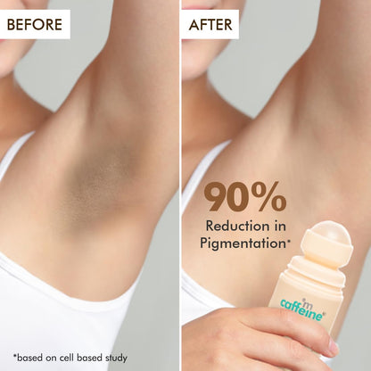 Before and after comparison of pigmentation reduction with a product labeled 'm caffeine'.