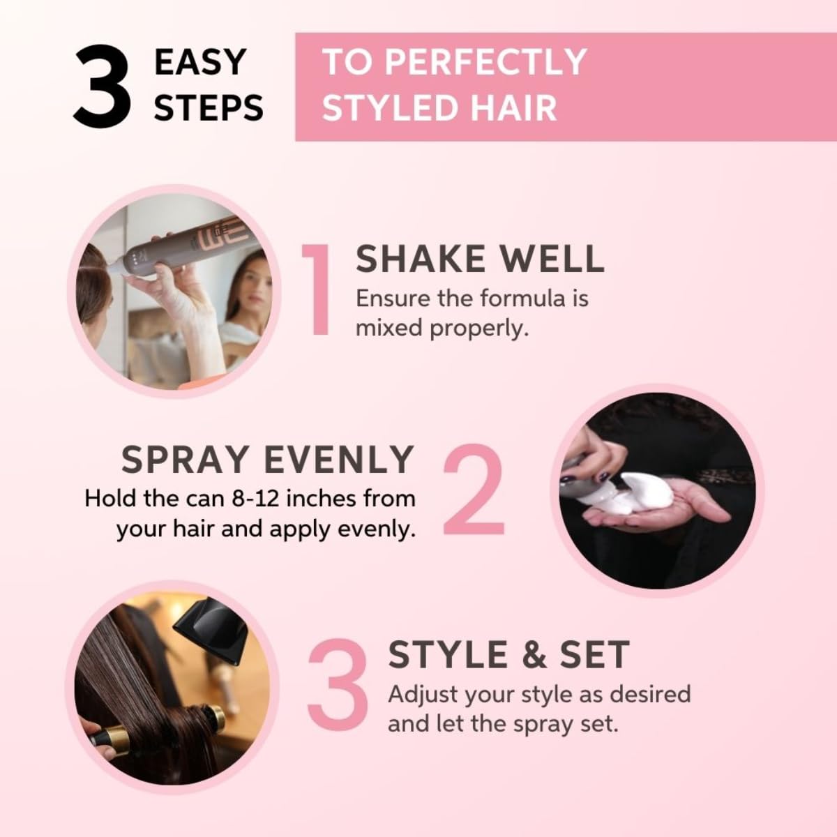 Instructions for using a hair spray product with three easy steps on a pink background.