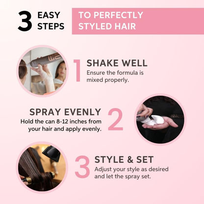 Instructions for using a hair spray product with three easy steps on a pink background.