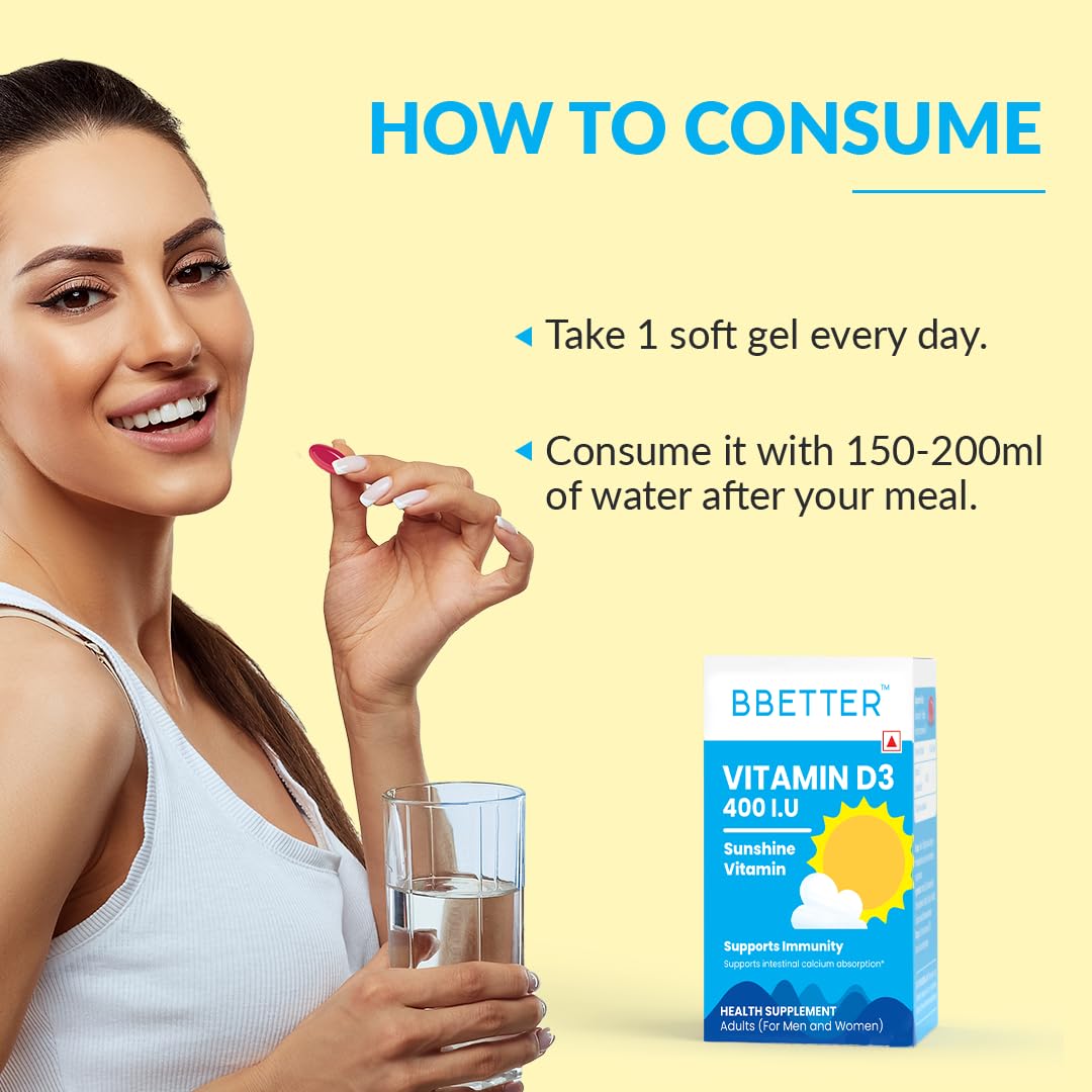 BBETTER Vitamin D3 Supplement for Immunity, Healthy Bones & Strong Muscles - 60 softgels of Vitamin D (Cholecalciferol) with the recommended daily dosage of 400IU