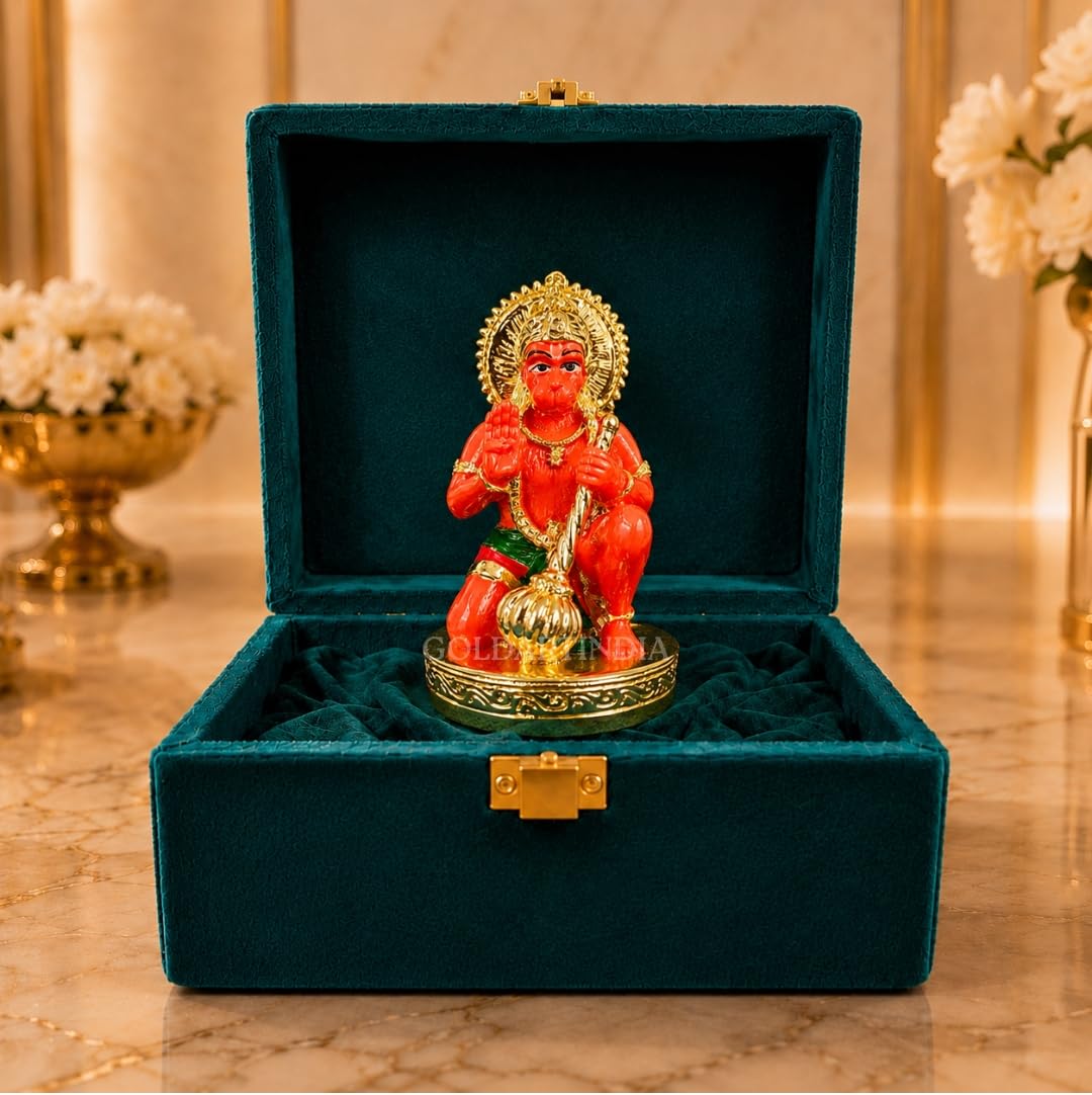 Gold Art India Hanumanji Sitting with Gada Gold Plated Hanuman Statue for Car Dashboard, Hanuman ji murti for Home Decor, Office Shelves, and Gifts