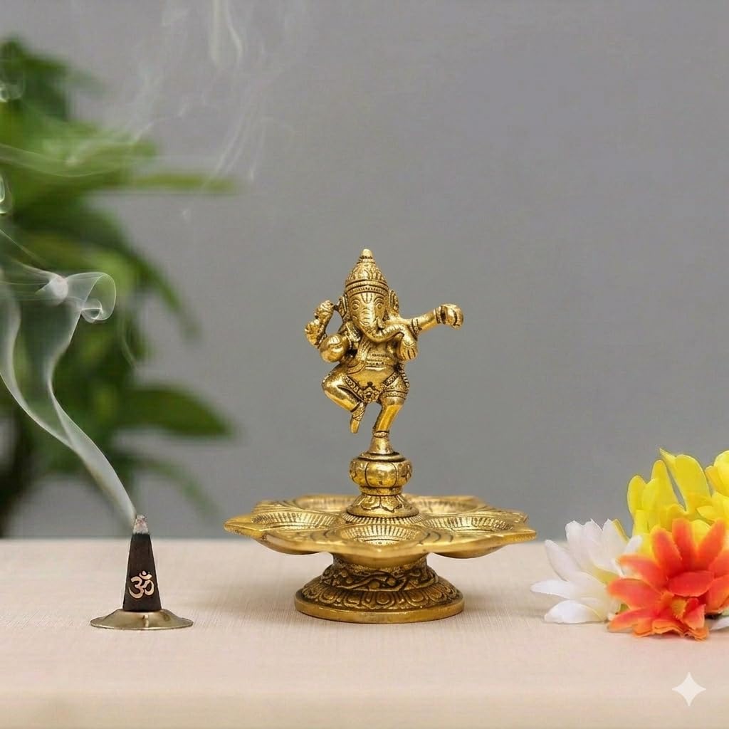 Handcrafted Heavy Brass Dancing Ganesha Statue - Golden Finish Nritya Ganpati Idol for Home Decor, Office, Temple & Gifting