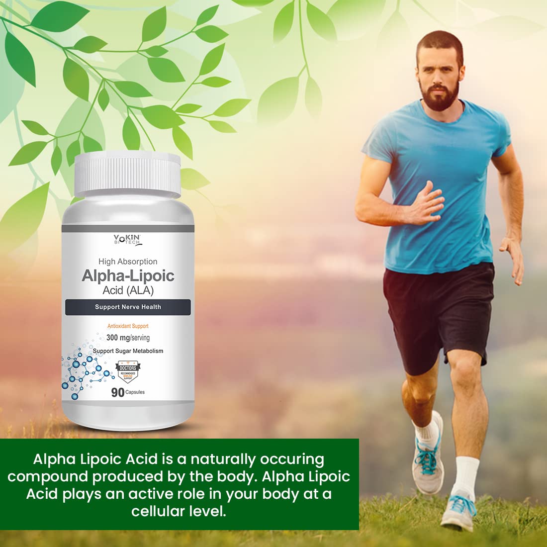 Alpha Lipoic Acid supplement bottle with a man running outdoors