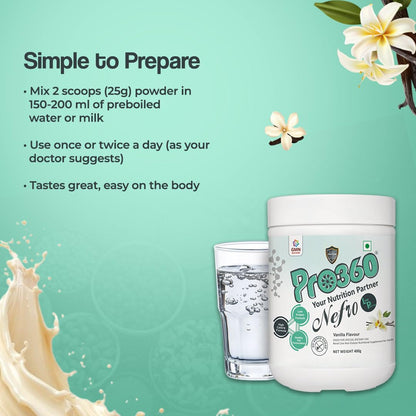 Pro360 Nefro LP Powder Vanilla Flavour – 400g Low Protein Nutrition Supplement for Kidney Health (Non-Dialysis) – Vanilla Protein Powder Enriched with L-Taurine, L-Carnitine & Essential Nutrients