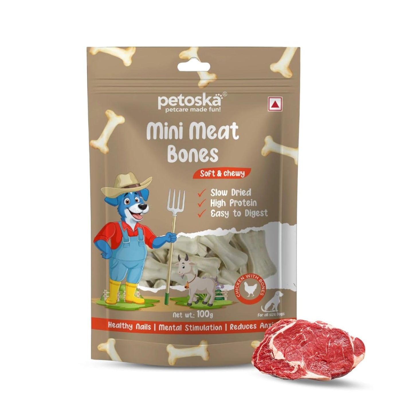 Petoska Mini Meat Bones - 100gms | High-Protein | Real Chicken Meat | Soft Chew Treats for Dogs & Puppies | Supports Dental Health | Dogs of All Breeds
