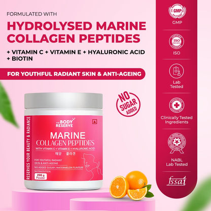 Marine collagen peptides packaging with ingredients listed on a pink background