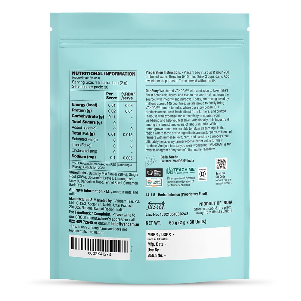 VAHDAM Lean & Fit Herbal Infusion | Helps Manage Body Fat | Powered by Blue Pea, Ginger & Cinnamon | Caffeine Free | Plant-Based | No Added Sugar | 30 Tea Bags