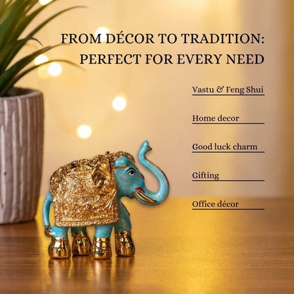 Gold Plated Trunk Up Elephant Idol Showpiece for Vastu, Prosperity, Good Luck, Gifting for House Warming and Home Decor(1, Blue)