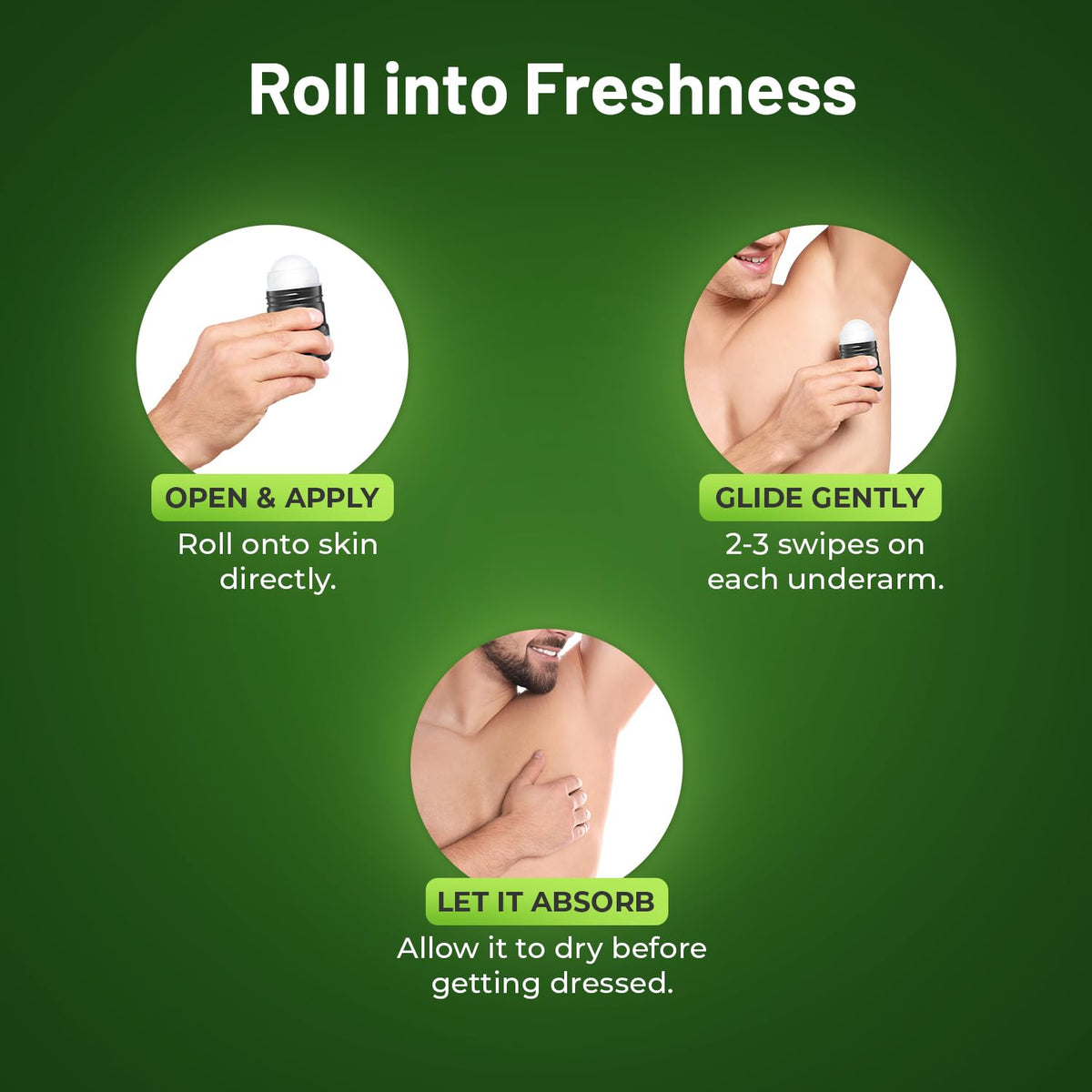 Instructions for using a roll-on product on a green background