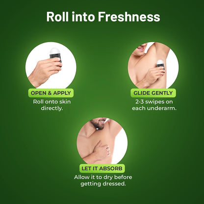 Instructions for using a roll-on product on a green background