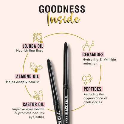 GLAMVEDA Pencil Smoky Intense Black Kajal - 0.35g | 24-Hour Long Stay One-Stroke Smooth Application Waterproof, Smudgeproof & Sweatproof| Rich Pigment | Suitable for Sensitive Eye 1 count (Pack of 1)