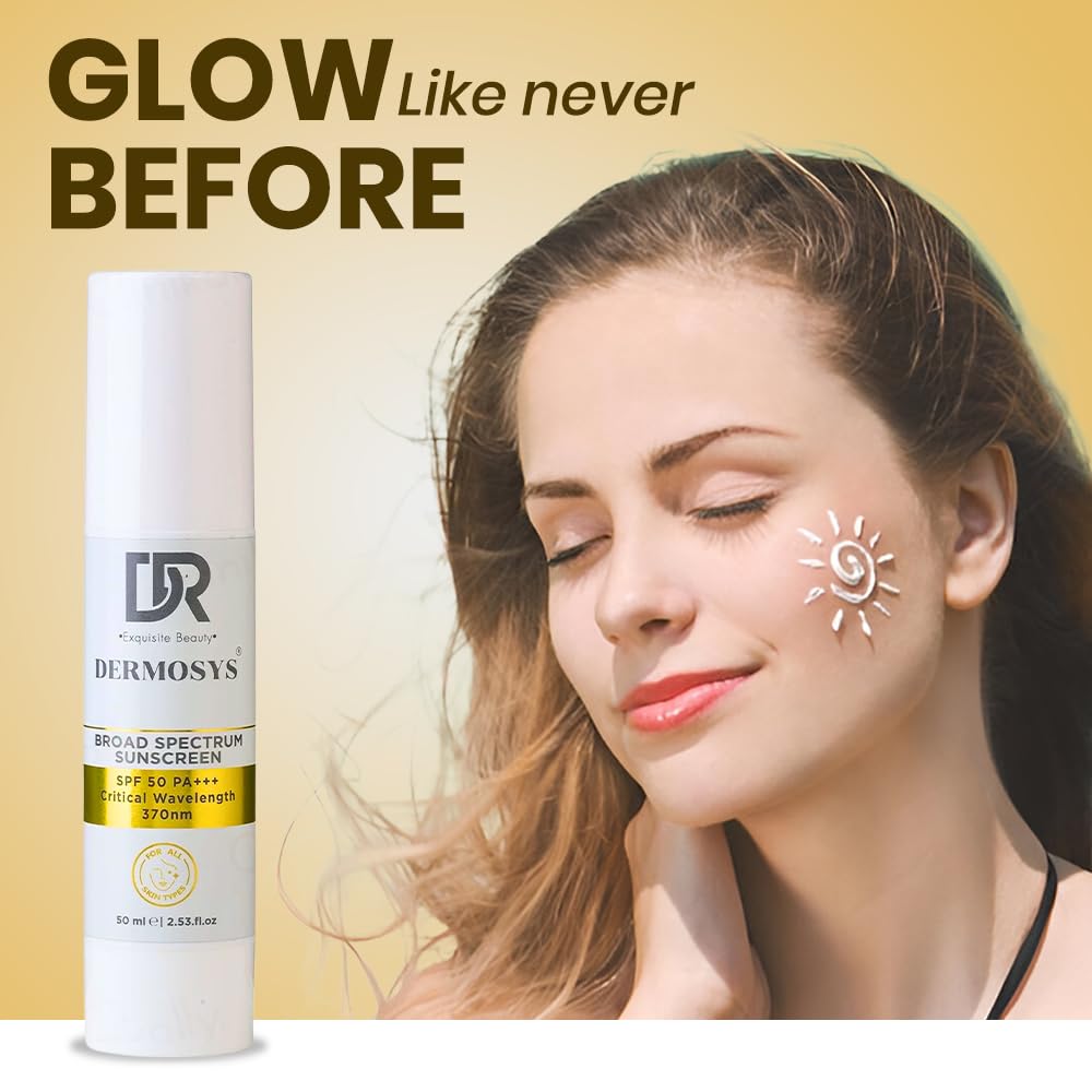 Dermosys Sunscreen SPF 50 PA+++ | 50ml Organic & Non Comedogenic SunscreenSPF50 | UVA, UVB & Blue Light Protection | With Hyaluronic Acid & Vitamin C | No White Cast | For All Skin Types