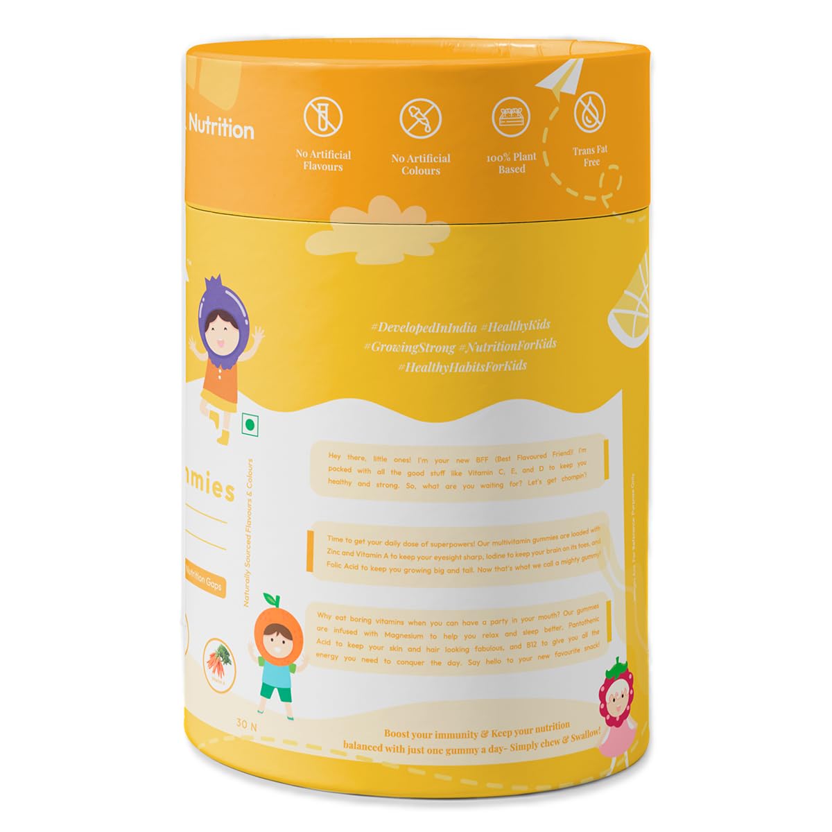 Yellow container with nutritional information and illustrations on a white background
