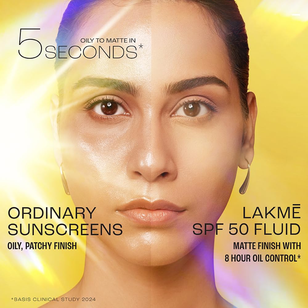 Advertisement for Lakme SPF 50 fluid with a woman's face on a yellow background