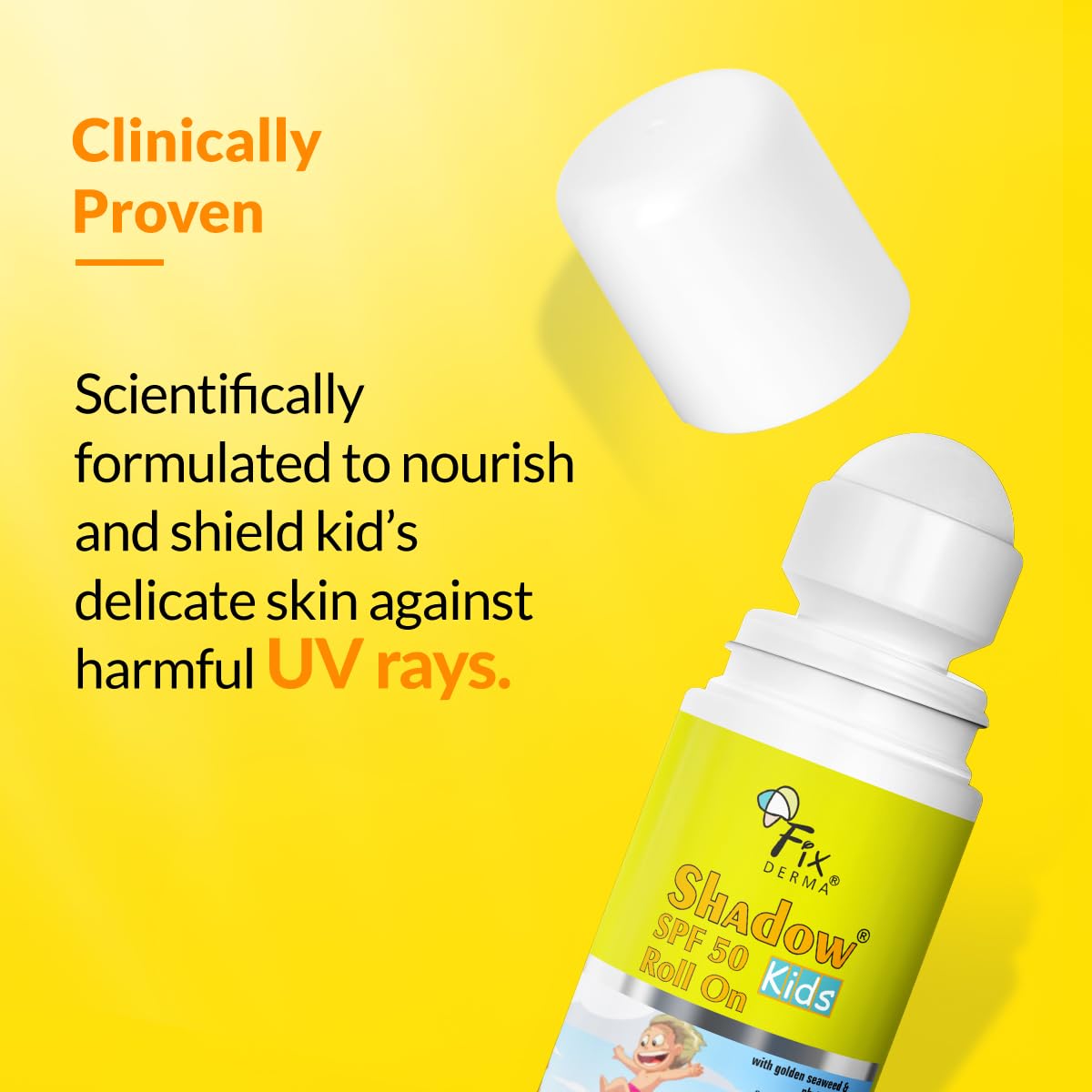 Fixderma Shadow SPF 50 Kids Roll On Sunscreen PA+++ | With Golden Seaweed & Phytosterol | Broad Spectrum UVA & UVB Protection | Sunscreen for Kids | All Skin Type | 30gm