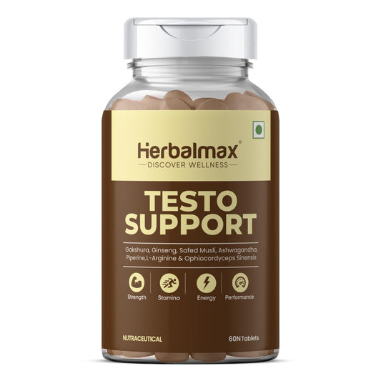 Herbalmax Testo Support Testosterone Supplement | With Gokshura, Safed Musli, L-Arginine & Ashwagandha | Natural Testosterone Booster for Strength, Stamina, Performance & Energy – 60 Tablets