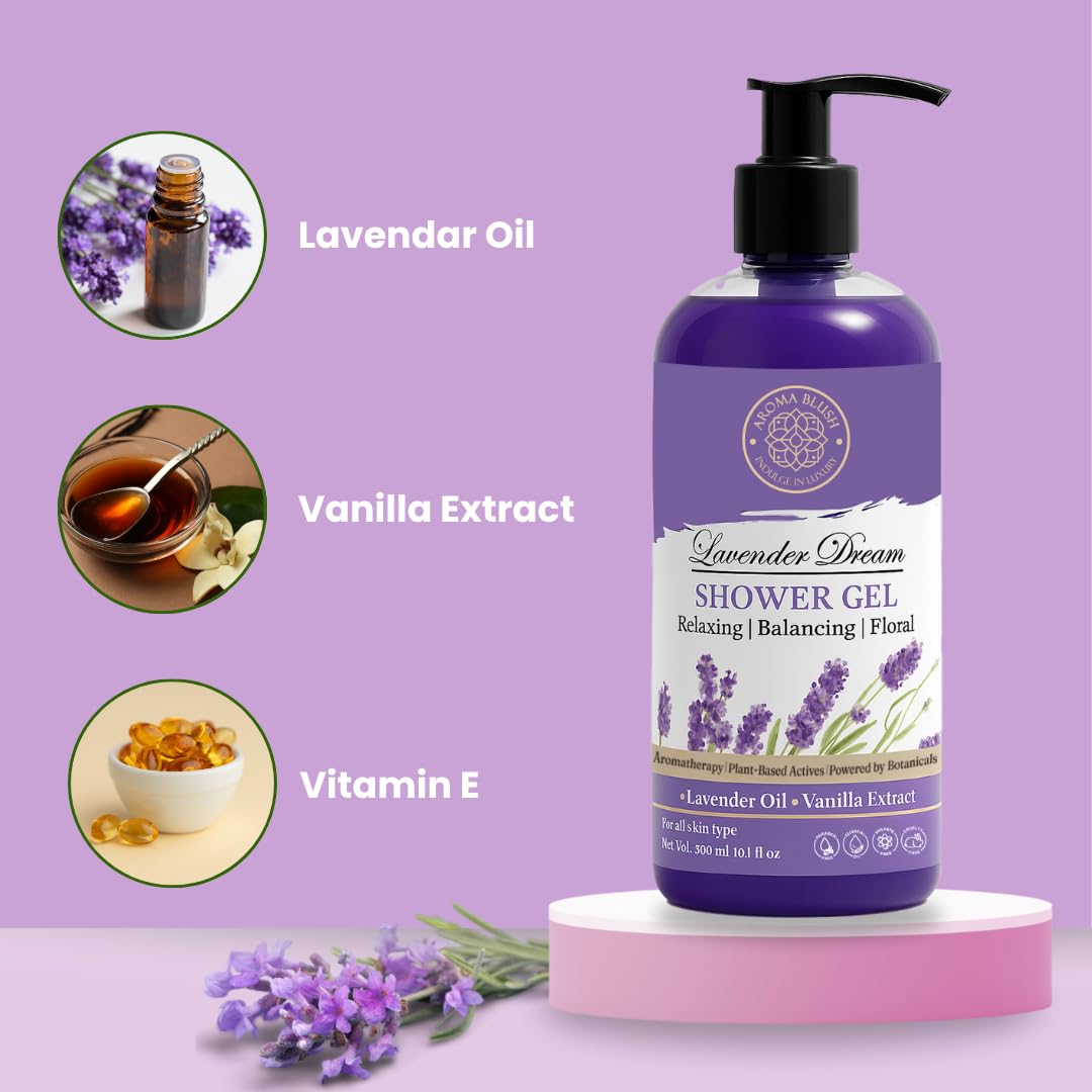 Lavender Dream shower gel bottle with ingredients on a purple background