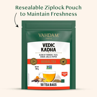 VAHDAM, Vedic Kadha Infusion Bags – 50 Pyramid Bags | Caffeine Free | Botanical Tisane – Earthy & Savory | Resealable Ziplock Pouch
