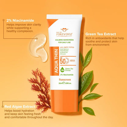 Daily Life Forever52 Aqua Thin Calming Sunscreen SPF 50 PA++++ | 2% Niacinamide & Green Tea Extract | UVA/UVB Protection | Lightweight, No White Cast, Water-Resistant Daily Sunscreen (50ml)