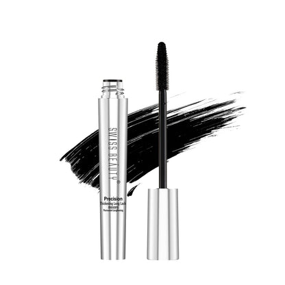 Mascara with silver tube and black wand on a white background