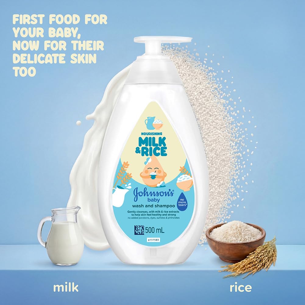 Johnson's Baby Nourishing Milk & Rice Wash & Shampoo 500ml | 2-in-1 Baby Cleanser | No More Tears | Milk Protein & Rice Extracts | Hypoallergenic | pH Balanced | Paraben, Dye, Sulphate & Phthalate Free | For Newborns & Sensitive Skin