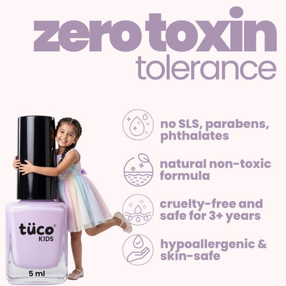 Tuóco Kids nail polish bottle with a child, emphasizing zero toxin tolerance and safety features.