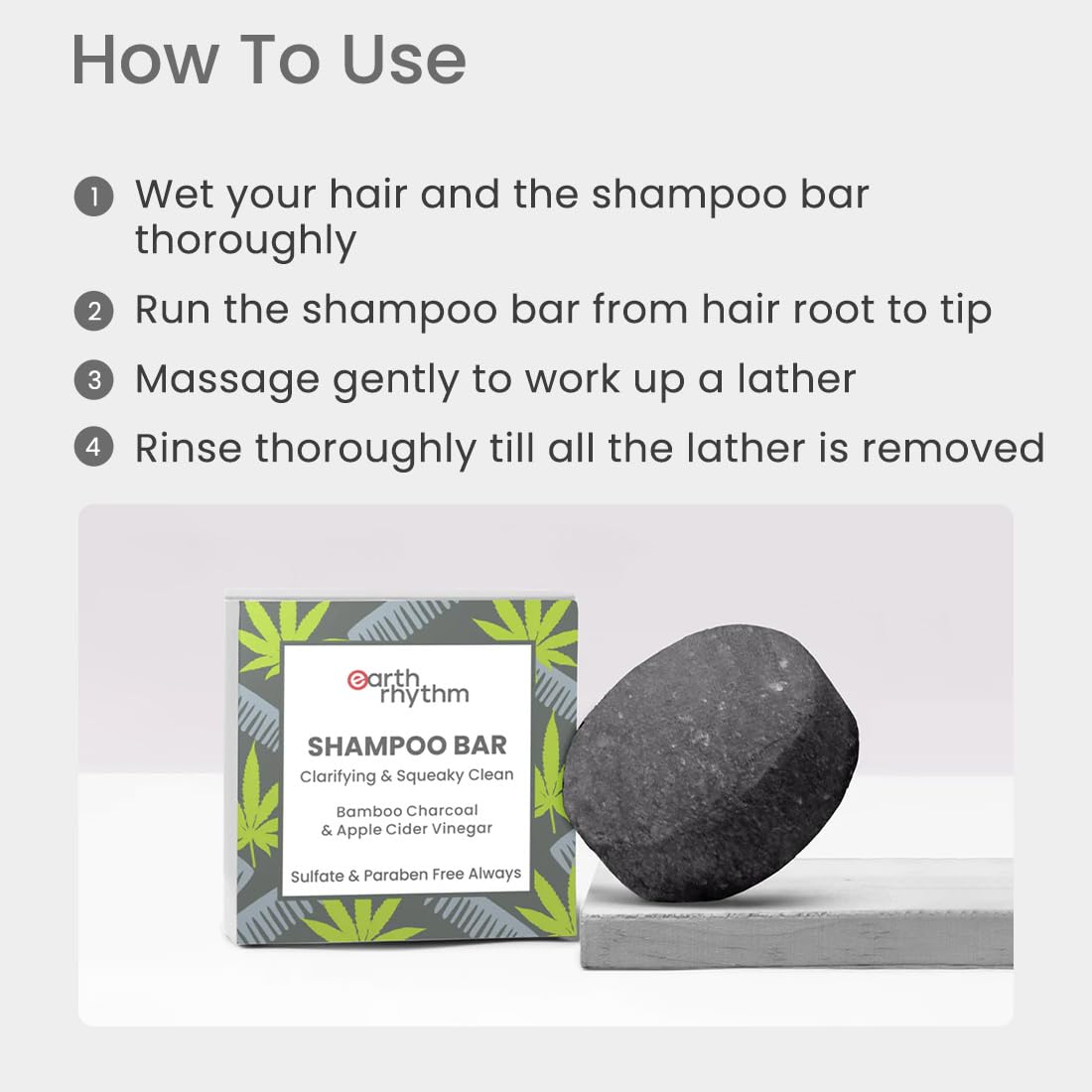 Earth Rhythm Charcoal Shampoo Bar | Clarify scalp, Strengthen Roots, Revitalise Hair | Sulphate & Paraben Free, Plastic Free | Men & Women - 80g (cardboard)