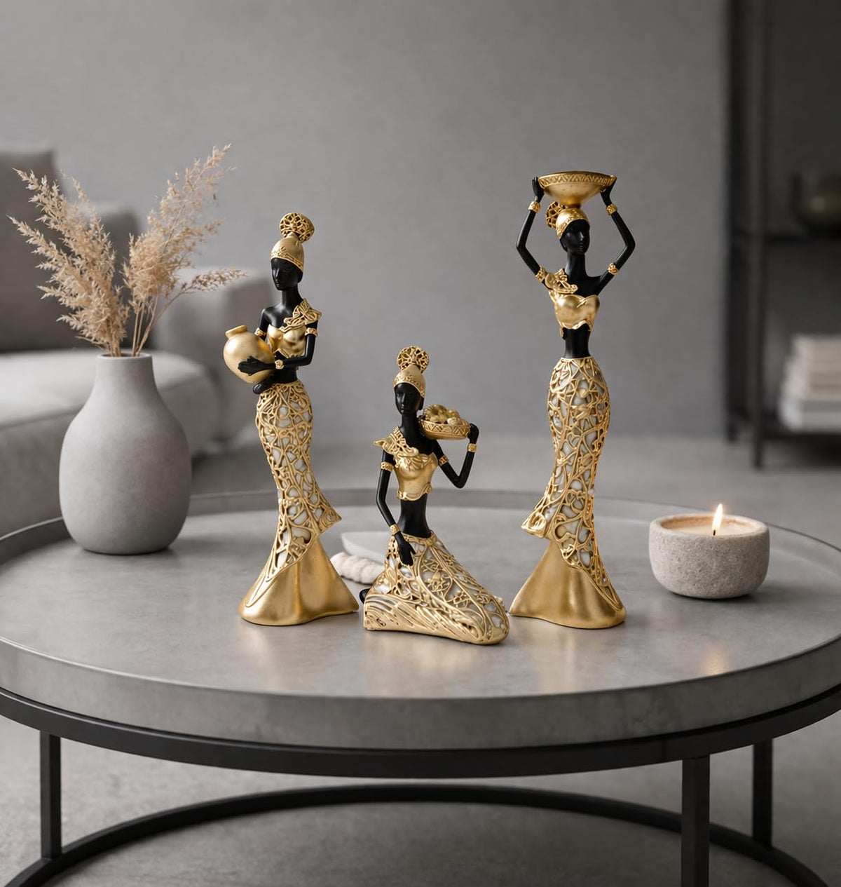 Vibrant Beautiful Finish Uniquely Hand Crafted Home Decor African Tribal Women Art Piece (African Lady Working Set of 3)